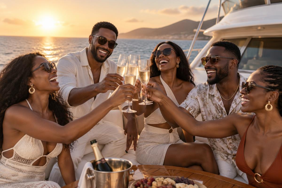 Friends toasting with champagne on a yacht at sunset