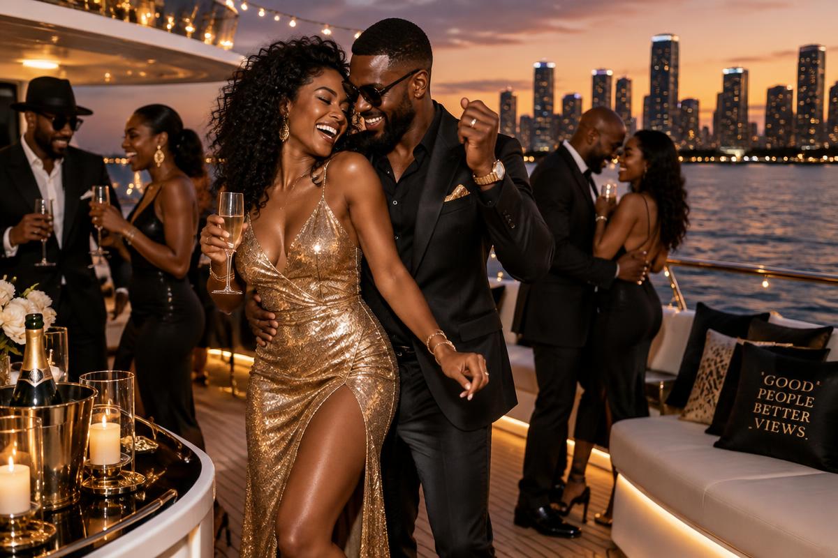 Guests dancing at a yacht party at dusk